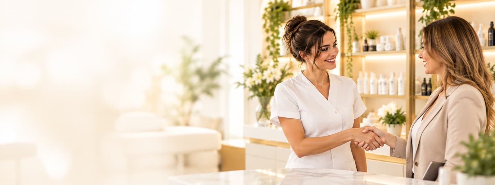 Dos profesionales de la belleza se dan la mano en un salón
